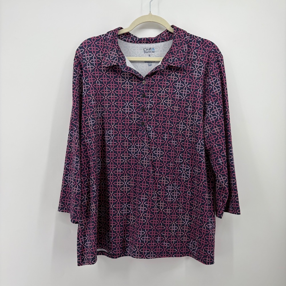 Croft & Barrow Womens XL Pink Navy Geometric 3/4 Sleeve Button Neck Polo Top